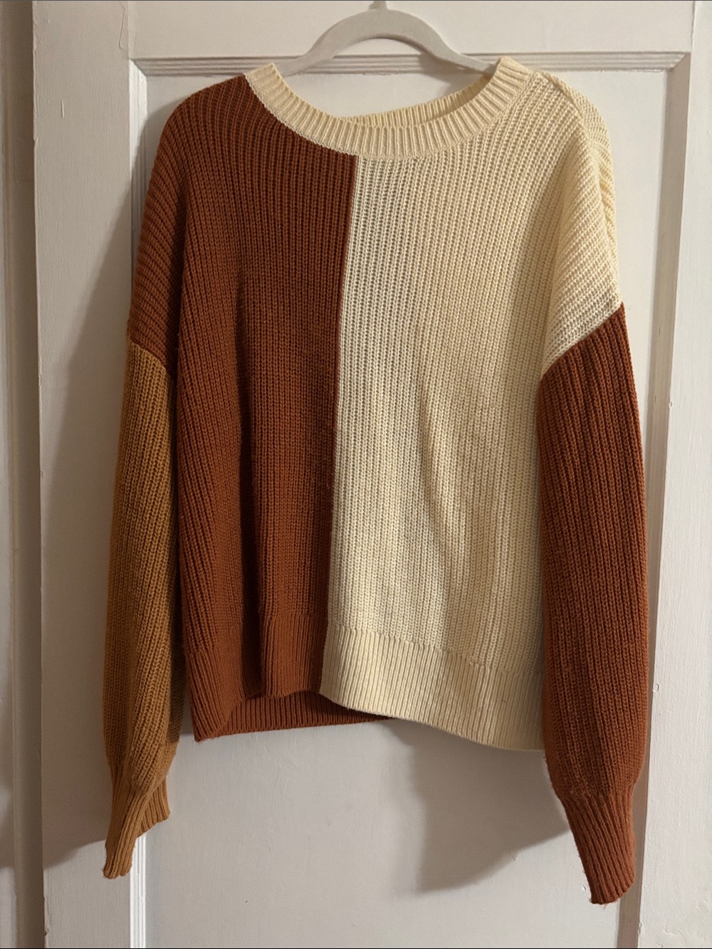 Colorblock Crewneck Sweater in Cream and Brown